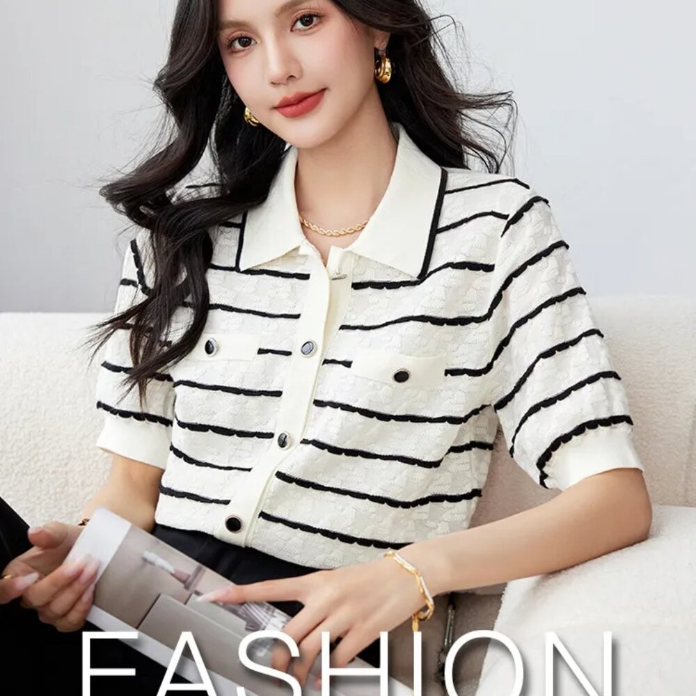 Elegant Polo Collar Women Slimming Knitted Half Sleeve Shirt - Picture 4 of 6
